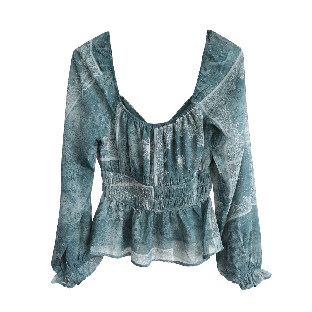Trixxi Peplum Blouse Women's Size Small Teal Paisley Smocked Waist Tie Front NEW